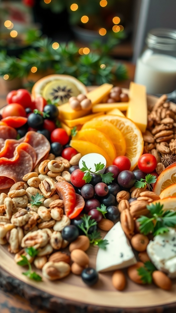 A colorful dairy-free charcuterie board with meats, fruits, nuts, and dairy-free cheeses, set in a festive holiday atmosphere.